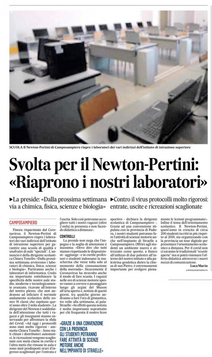Il Gazzettino - "Svolta per il Newton-Pertini: riaprono i nostri laboratori"